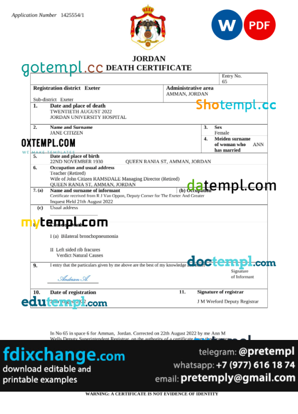 download Jordan vital record death certificate template free fonts