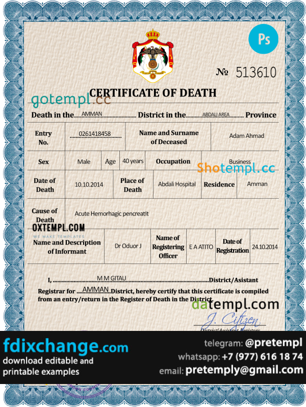 download Jordan vital record death certificate template free fonts, completely editable