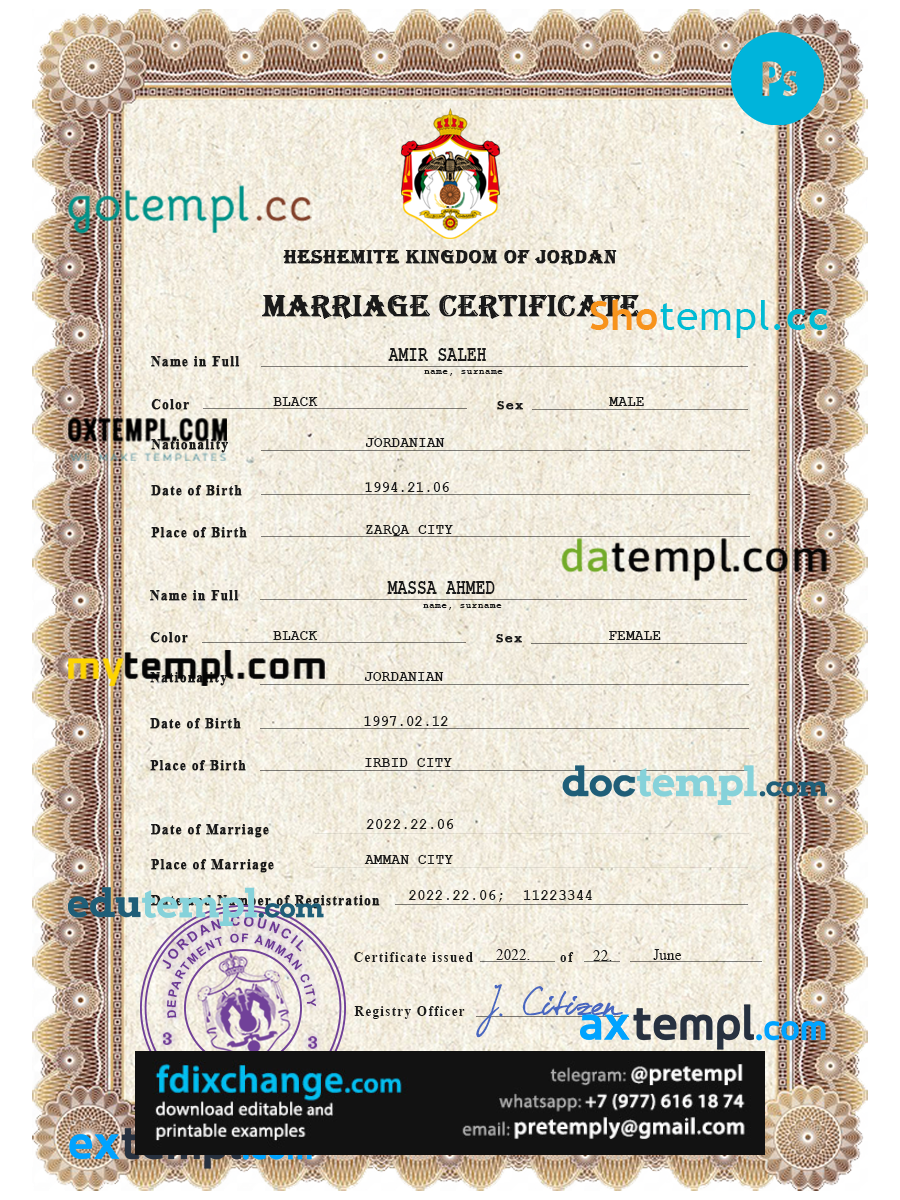 download Jordan marriage certificate template free fonts, completely editable