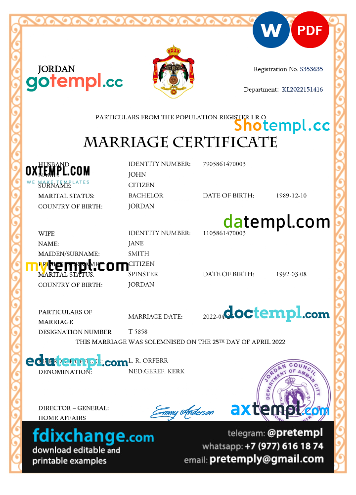 download Jordan marriage certificate template free fonts, completely editable