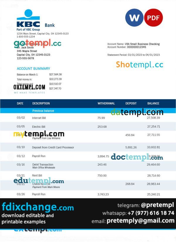 download KBC Bank corporate account statement template free fonts