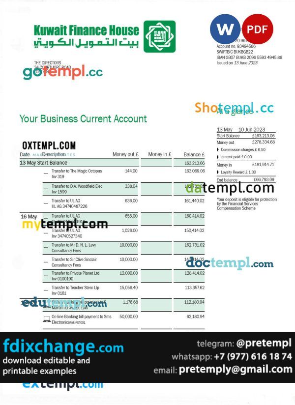 download KUWAIT Finance House Bank firm account statement template free fonts
