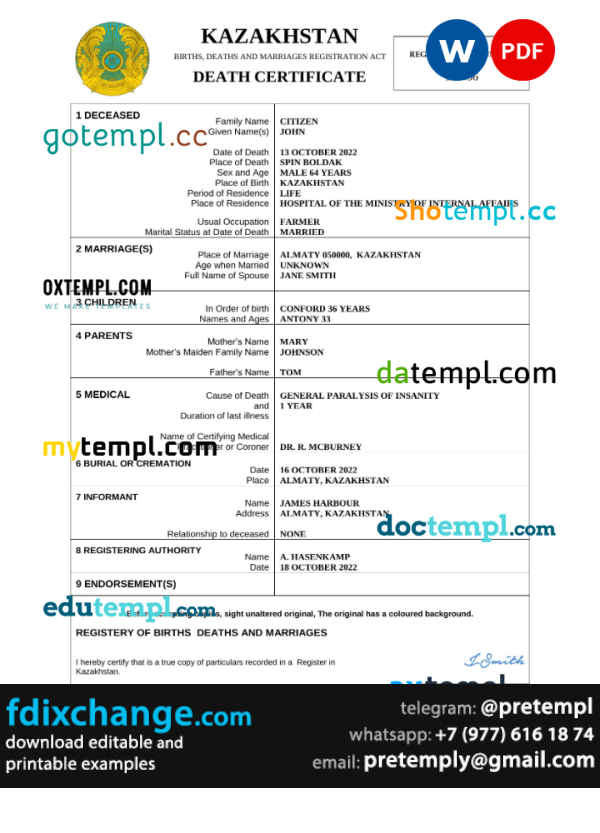 download Kazakhstan death certificate template free fonts, completely editable