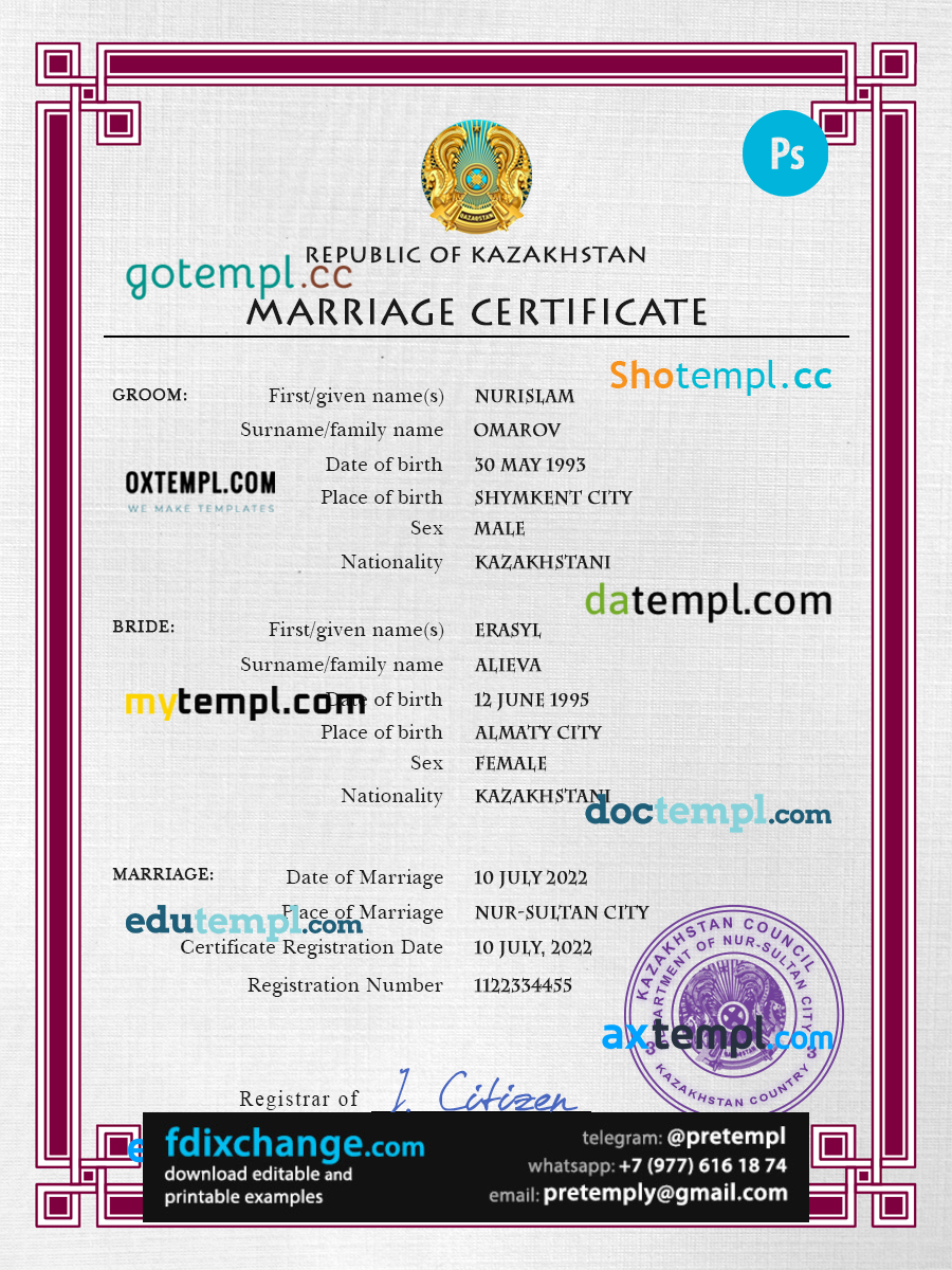download Kazakhstan marriage certificate template free fonts