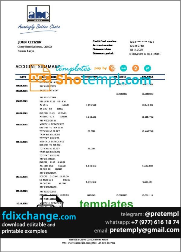 download Kenya ABC Bank proof of address statement template free fonts