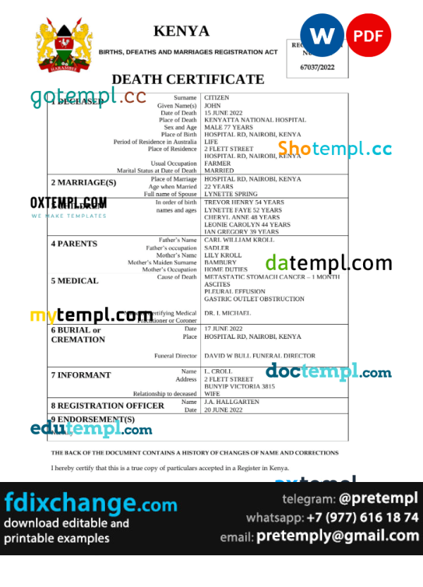 download Kenya vital record death certificate template free fonts