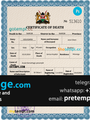 download Kenya vital record death certificate template free fonts