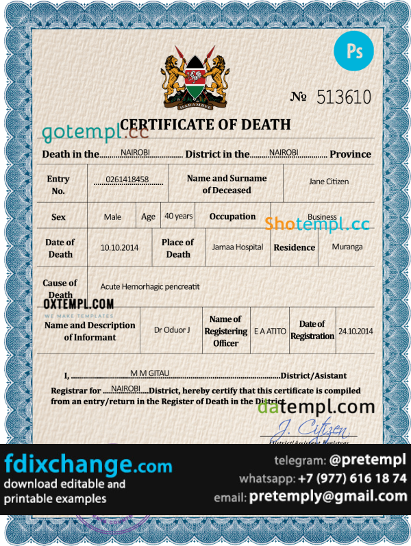 download Kenya vital record death certificate template free fonts