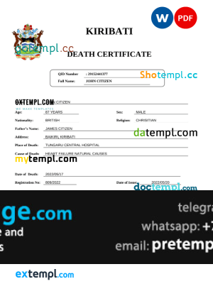 download Kiribati vital record death certificate template free fonts