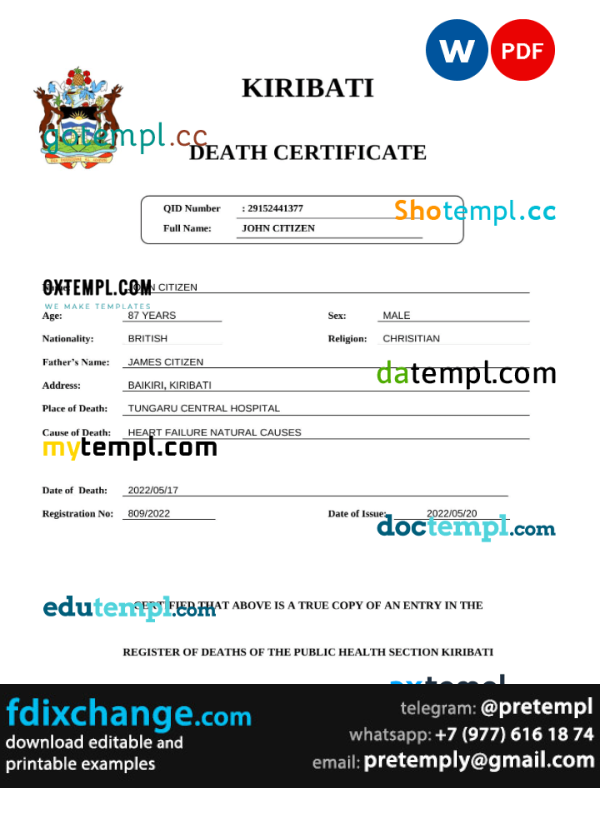 download Kiribati vital record death certificate template free fonts