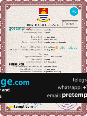 download Kiribati death certificate template free fonts, completely editable