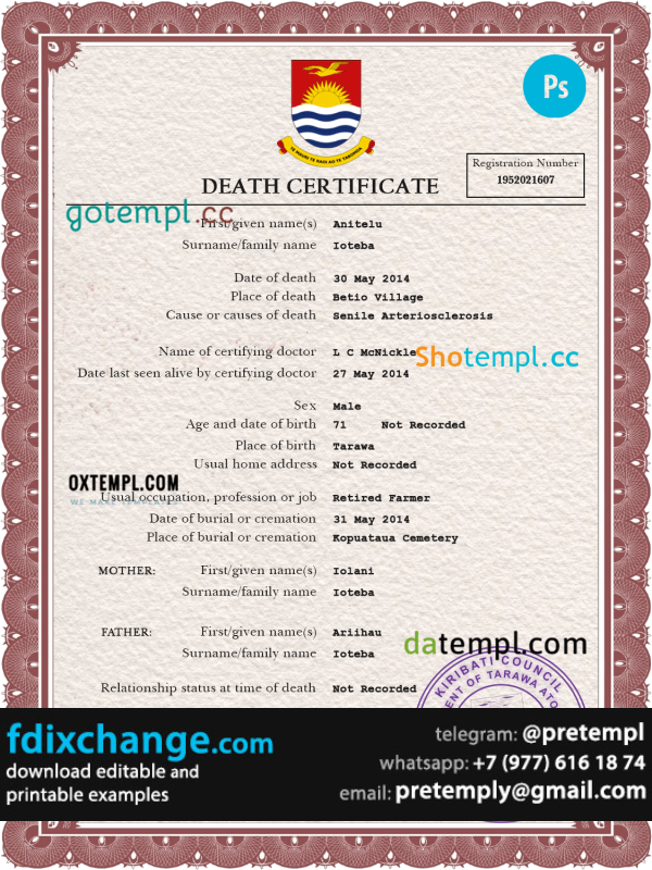 download Kiribati death certificate template free fonts, completely editable