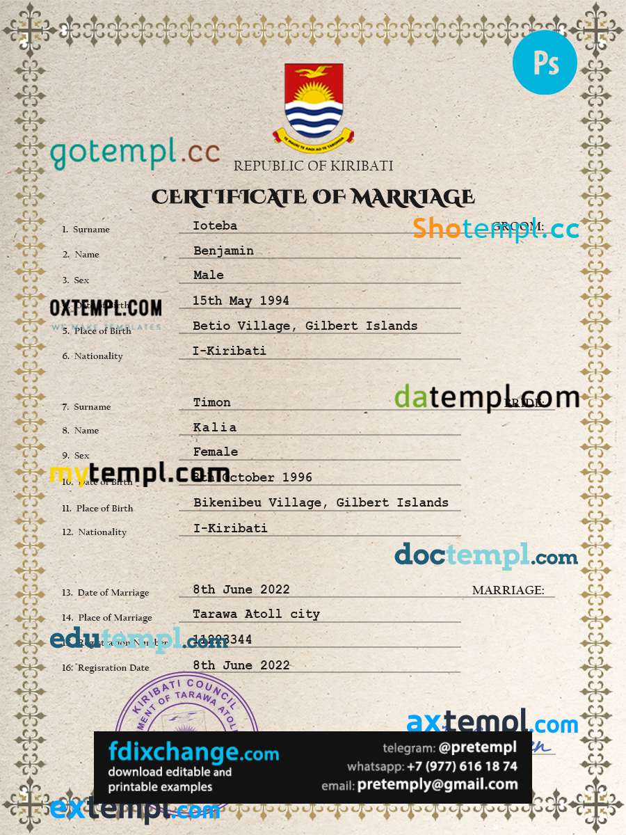 download Kiribati marriage certificate template free fonts