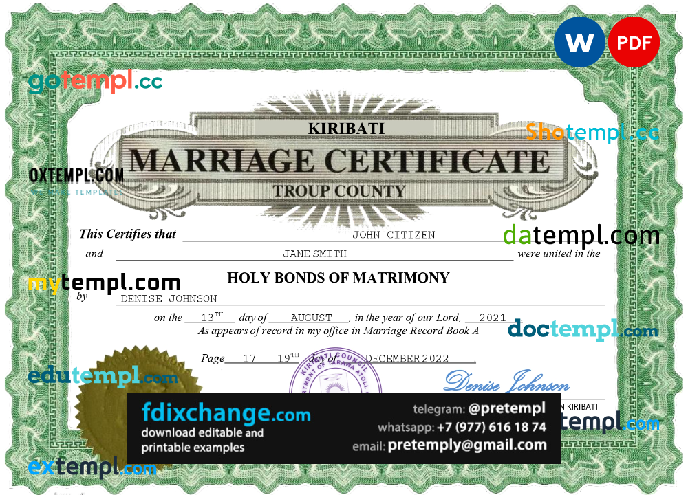 download Kiribati marriage certificate template free fonts, fully editable