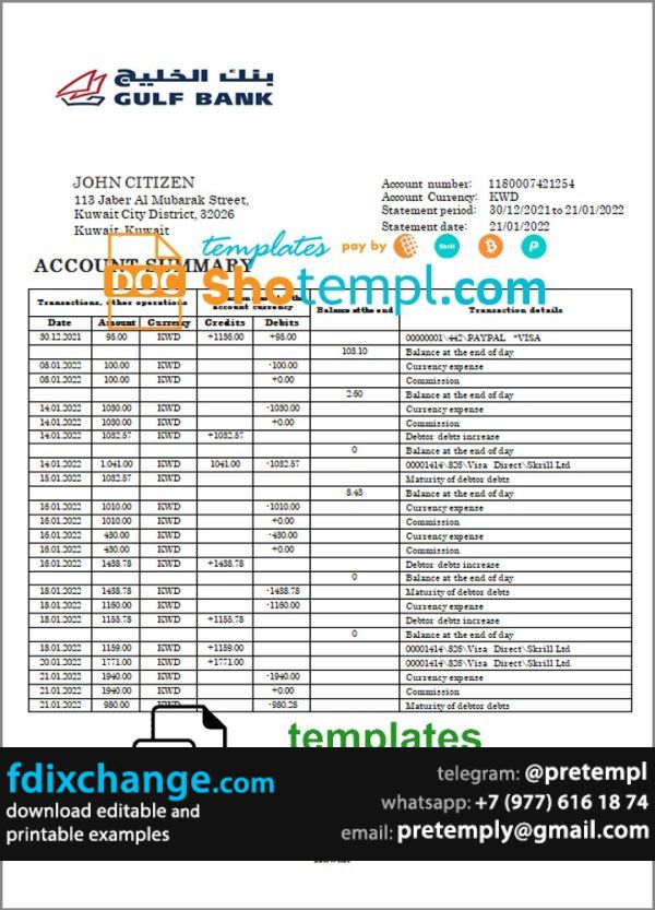 download Kuwait Gulf bank statement template free fonts, fully editable