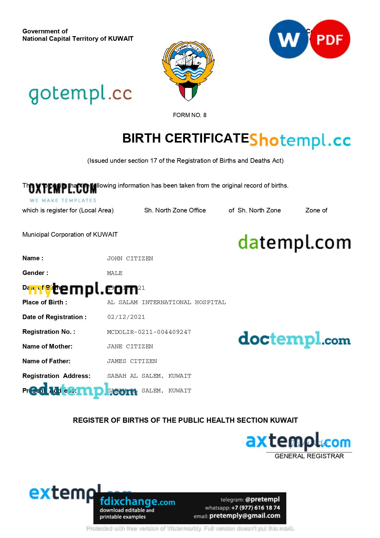 download Kuwait vital record birth certificate template free fonts, completely editable