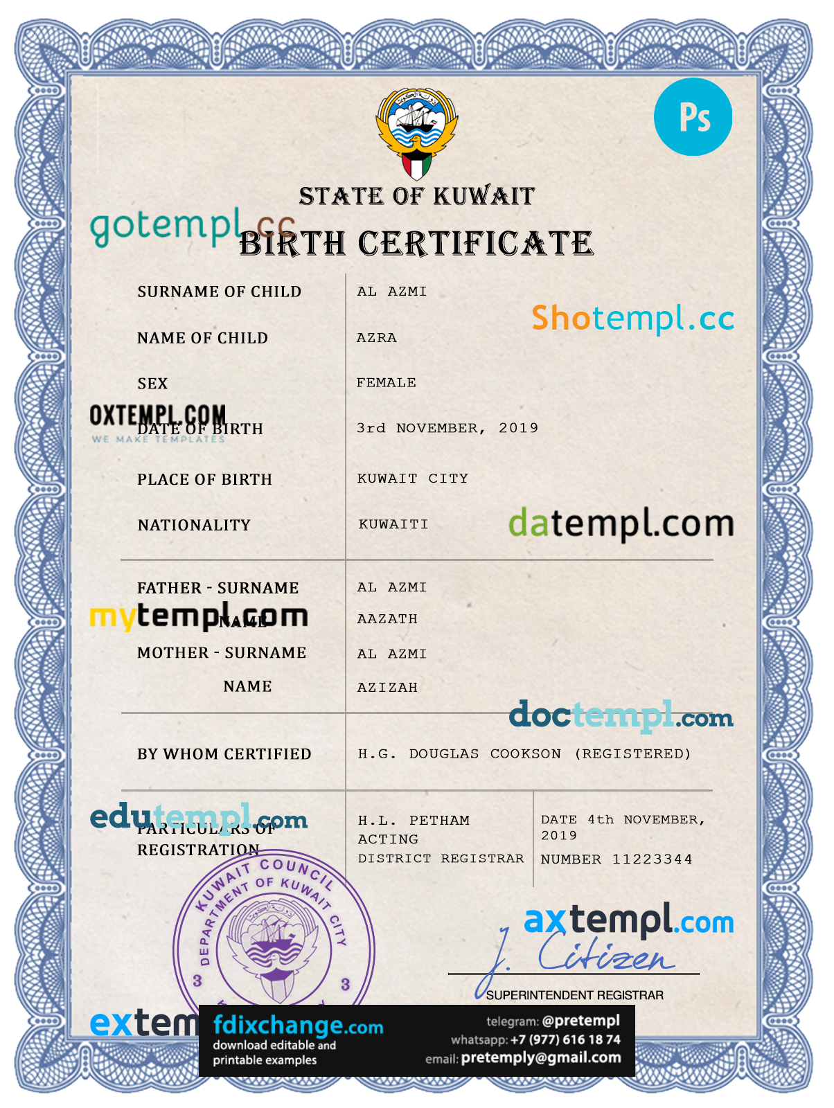 download Kuwait vital record birth certificate template free fonts, completely editable
