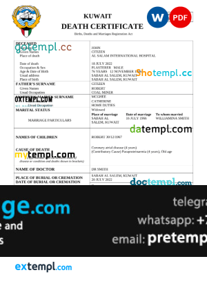 download Kuwait death certificate template free fonts, completely editable