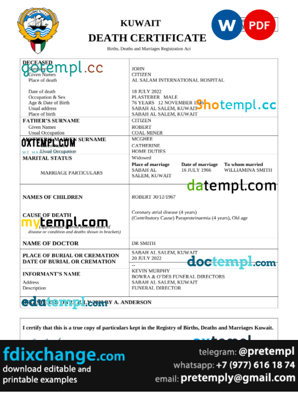 download Kuwait death certificate template free fonts, completely editable