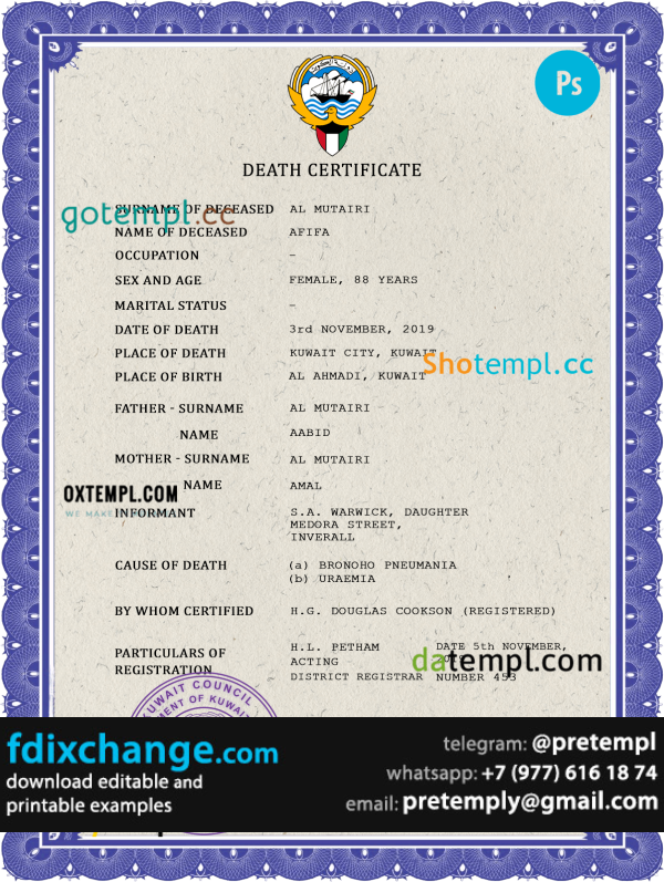 download Kuwait vital record death certificate template free fonts