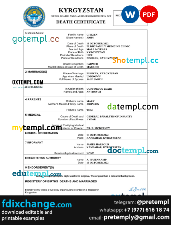 download Kyrgyzstan death certificate template free fonts, completely editable
