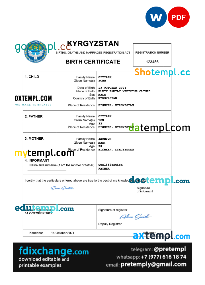 download Kyrgyzstan birth certificate template free fonts, completely editable
