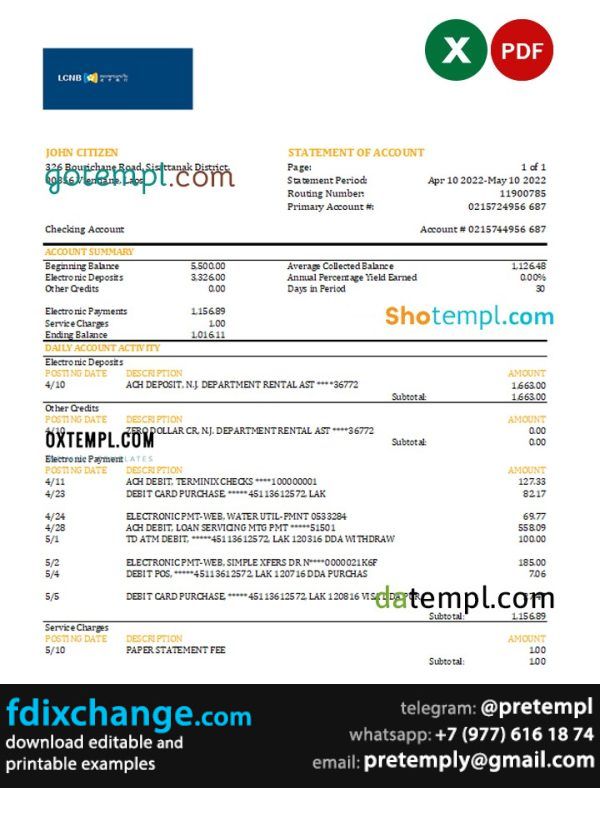 download Laos LCNB bank statement template free fonts
