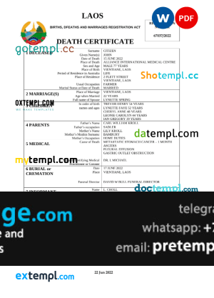 download Laos vital record death certificate template free fonts