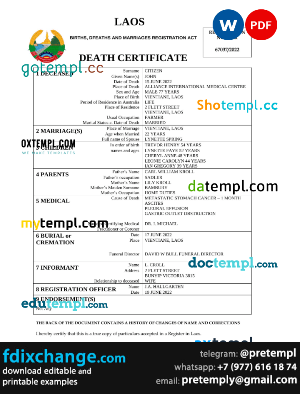 download Laos vital record death certificate template free fonts