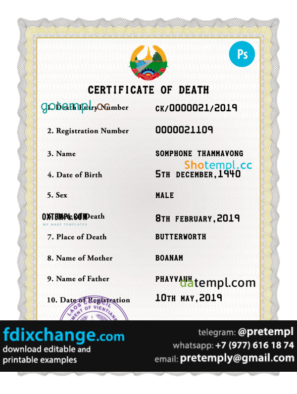 download Laos vital record death certificate template free fonts