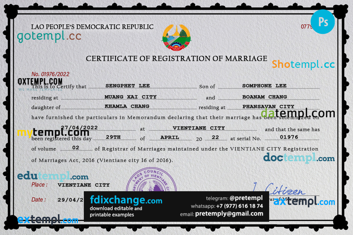 download Laos marriage certificate template free fonts, completely editable