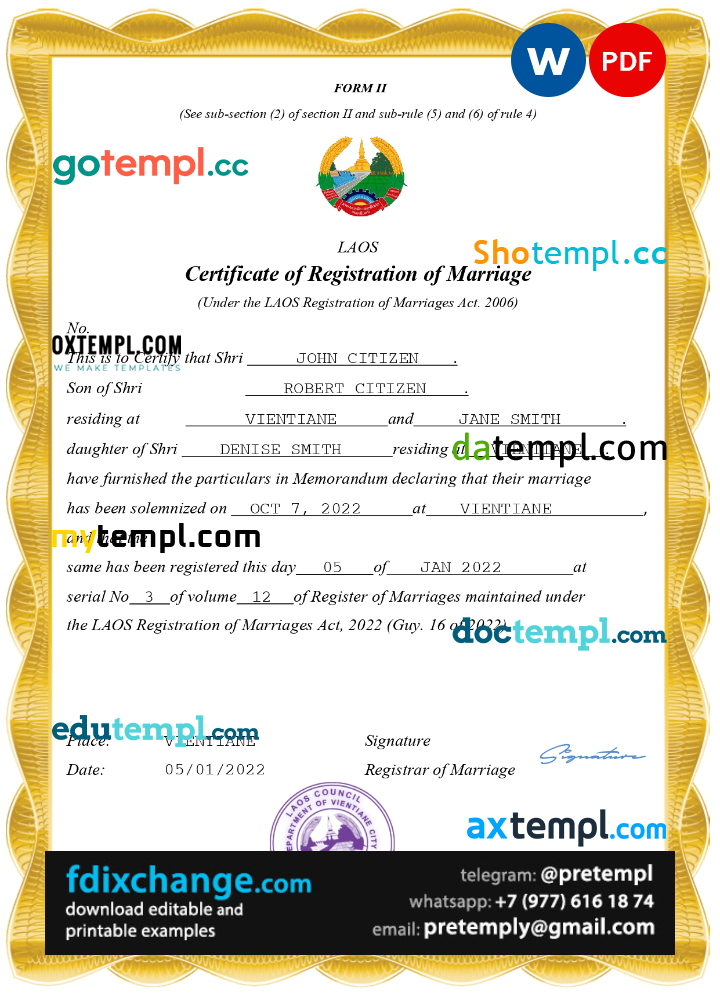 download Laos marriage certificate template free fonts, completely editable