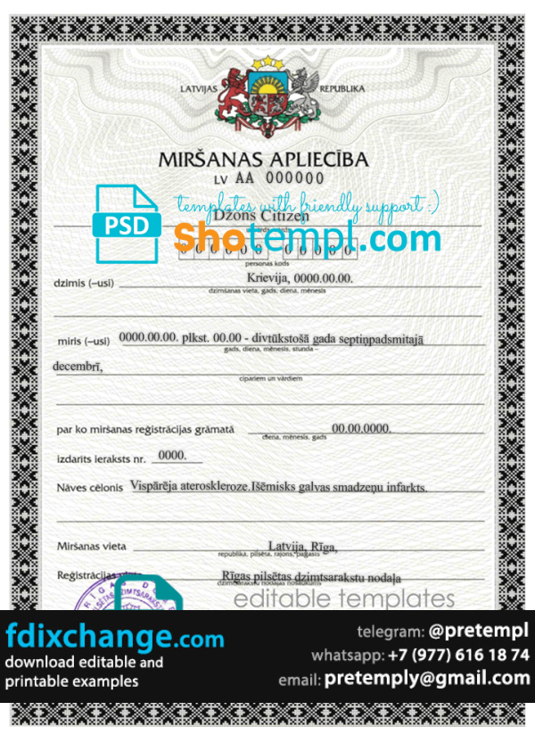 download Latvia death certificate template free fonts, fully editable