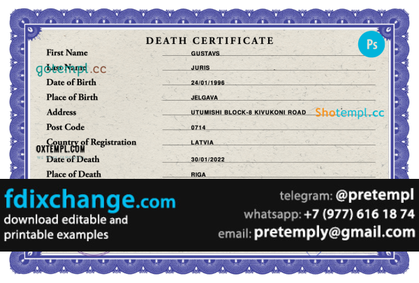 download Latvia death certificate template free fonts, completely editable