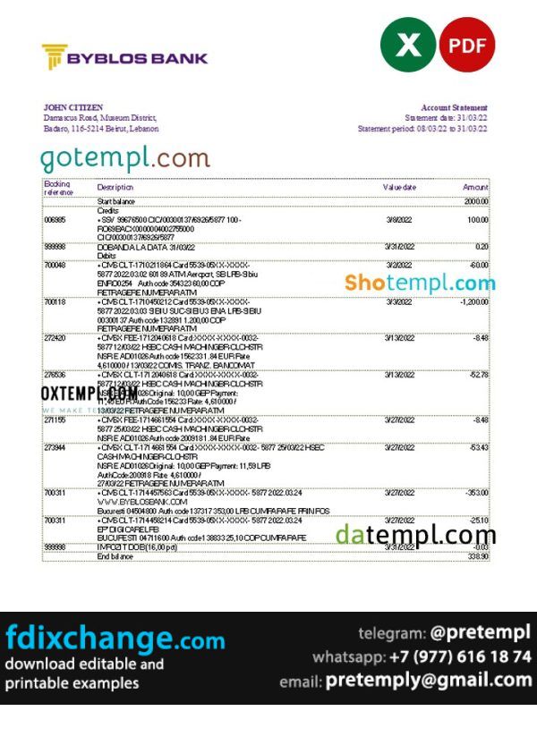 download Lebanon Byblos bank statement template free fonts