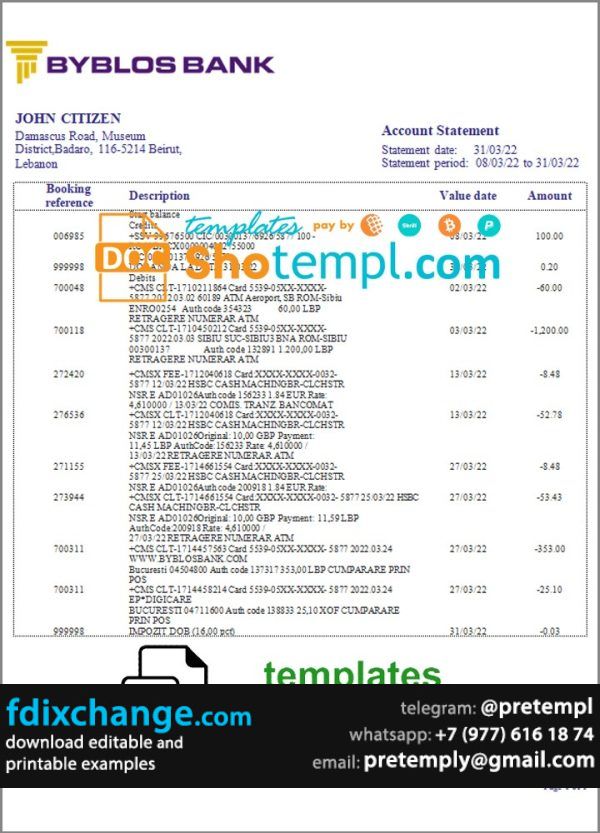 download Lebanon Byblos Bank statement template free fonts