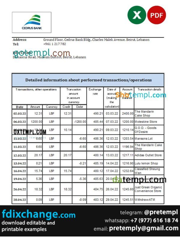 download Lebanon Cedrus bank statement template free fonts