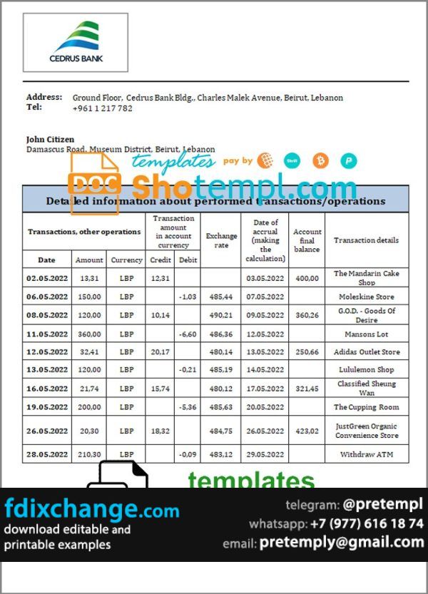 download Lebanon Cedrus Bank statement template free fonts