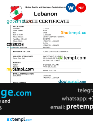 download Lebanon death certificate template free fonts, completely editable