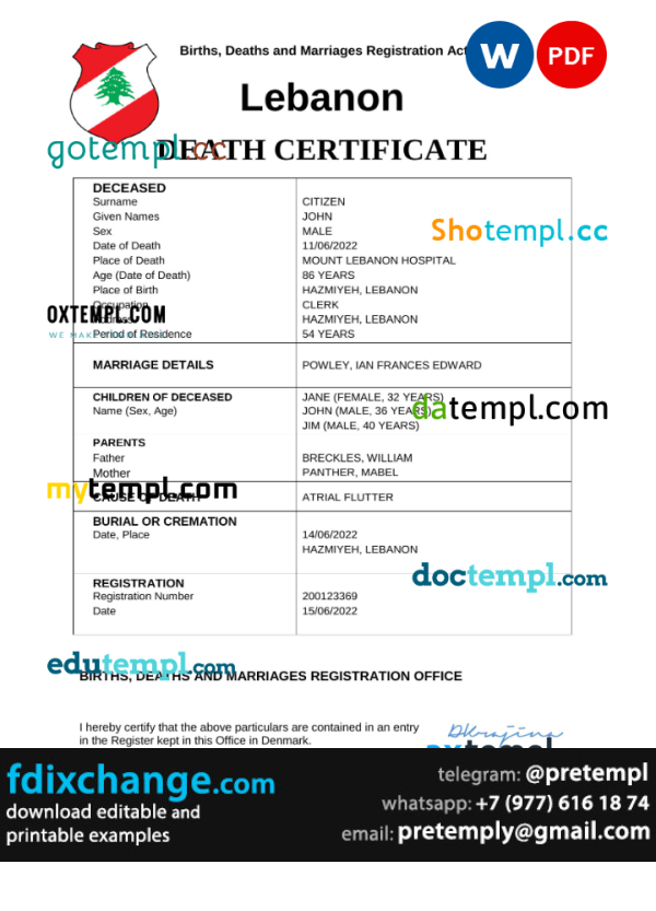 download Lebanon death certificate template free fonts, completely editable