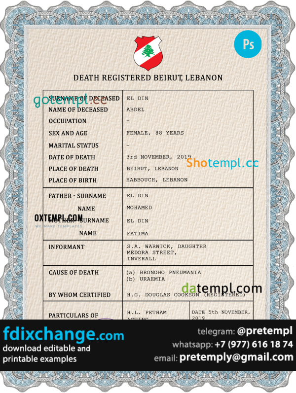 download Lebanon vital record death certificate template free fonts, completely editable