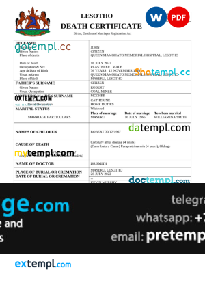 download Lesotho vital record death certificate template free fonts