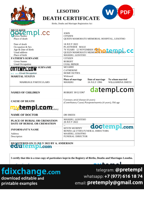 download Lesotho vital record death certificate template free fonts