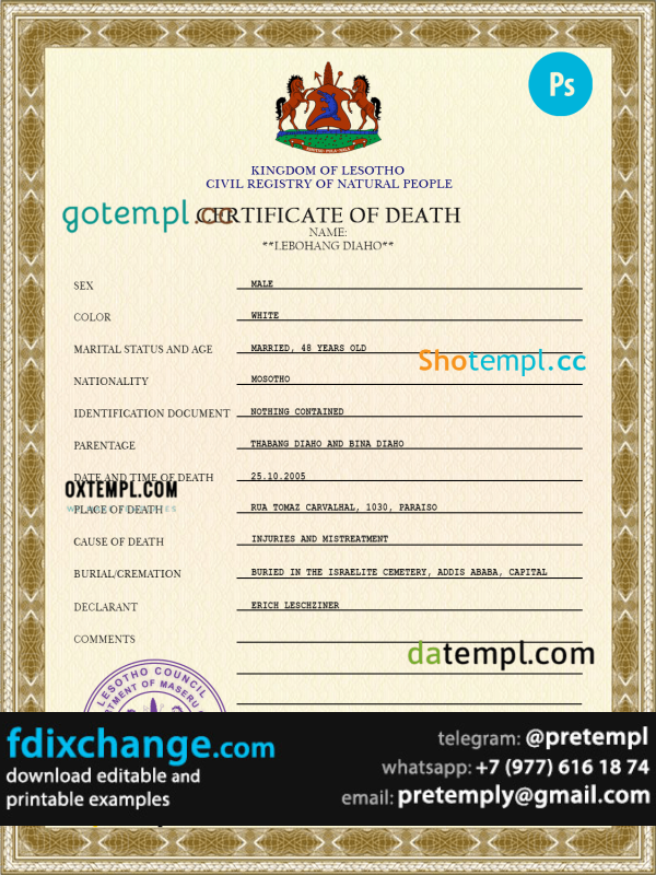 download Lesotho vital record death certificate template free fonts