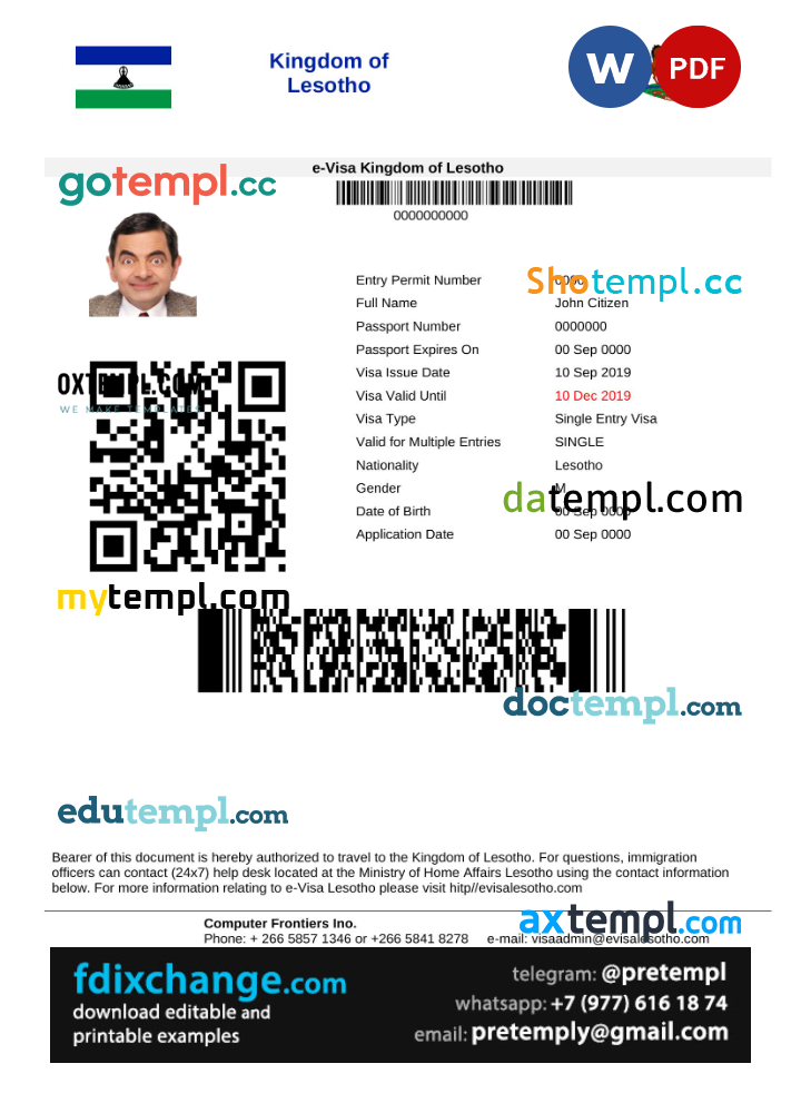 download Lesotho e-visa template free fonts