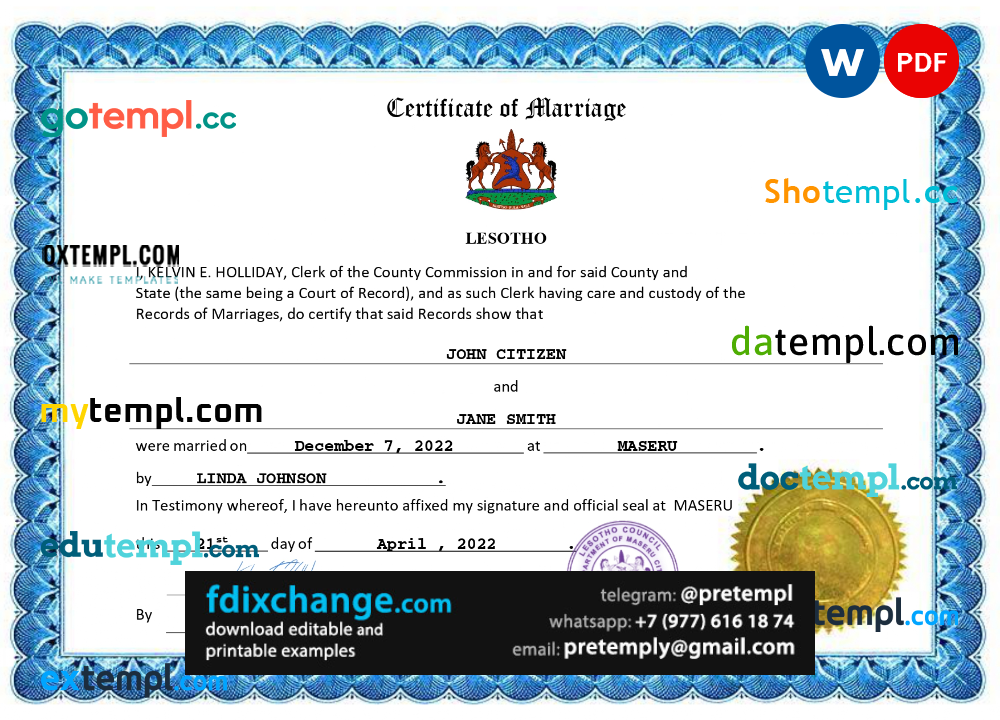 download Lesotho marriage certificate template free fonts, fully editable