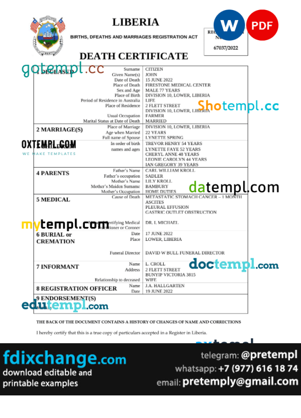 download Liberia death certificate template free fonts, completely editable