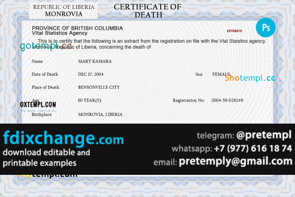 download Liberia death certificate template free fonts, completely editable