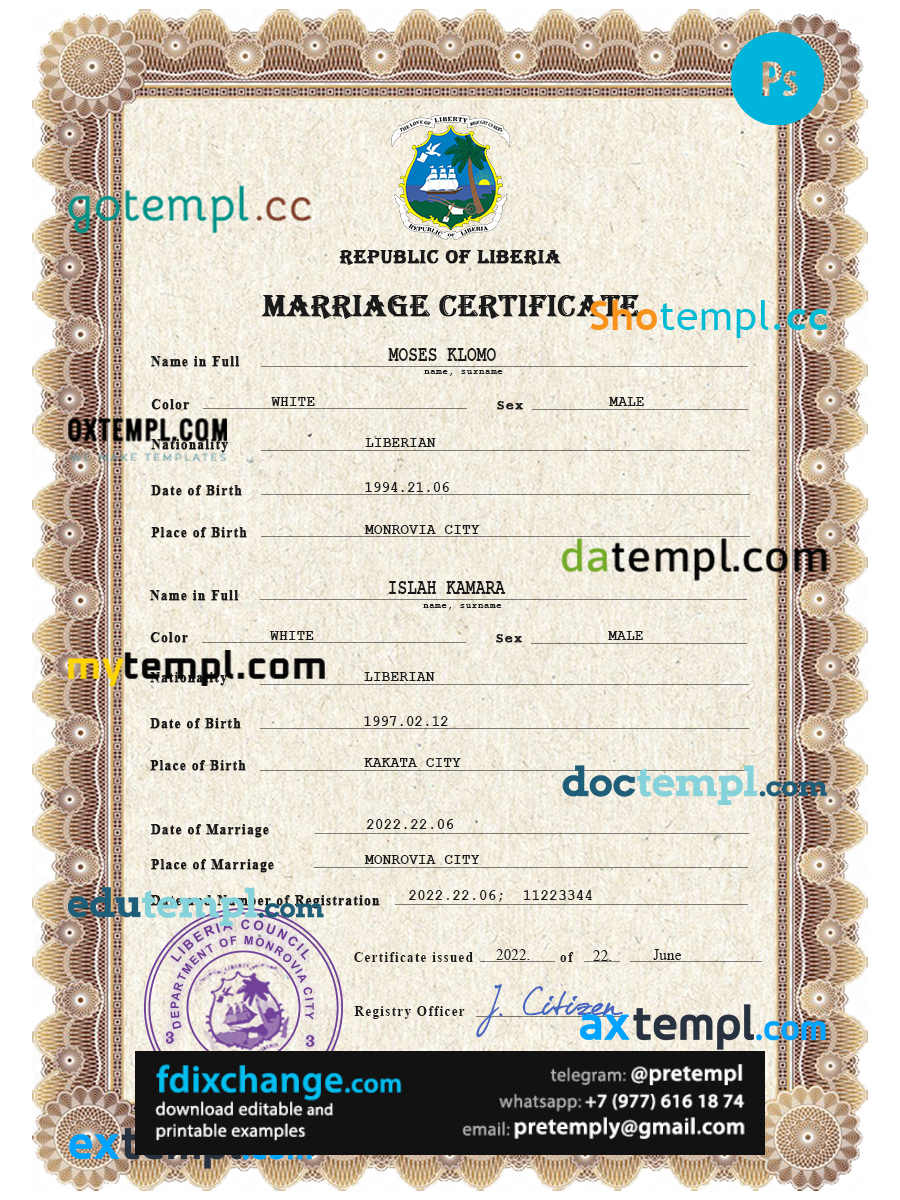 download Liberia marriage certificate template free fonts, completely editable