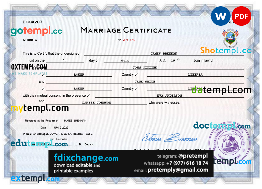 download Liberia marriage certificate template free fonts, completely editable